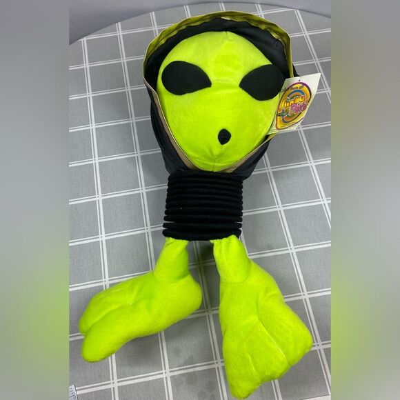 Vtg 90s Nanco Slinky Pets Neon Green Alien Big Head Large 17” - 27” Long Plush - Picture 2 of 16